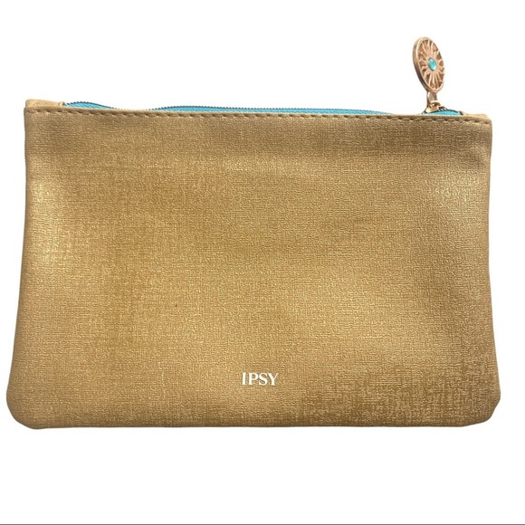 IPSY Cosmetic Makeup Bag OS Women’s Yellow Blue Gold Zipper Charm Stay Golden - Picture 1 of 7